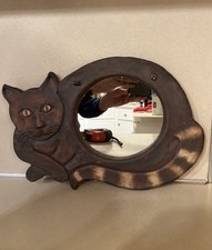 Vintage Cat Chalkware Wall Mirror Folk Art Whimsical Decor