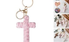 Macrame Cross Keychain,Jesus Key Chain Christian Car Accessories Handmade Pink