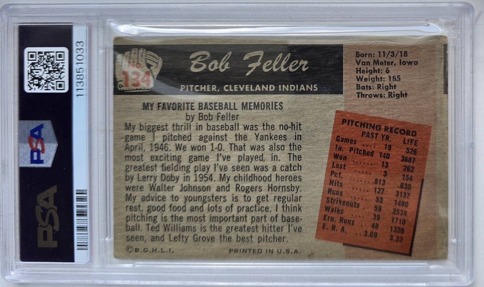 1955 Bowman #134 Bob Feller HOF Autograph Auto PSA Authentic DNA Indians view 2