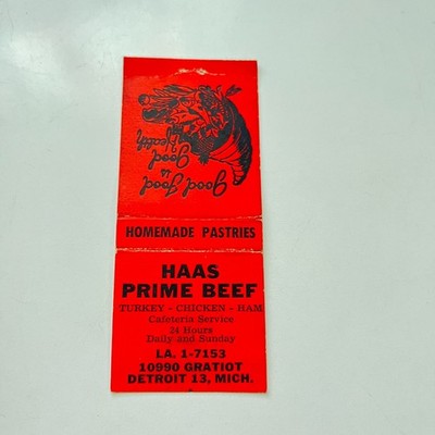 Haas Prime Beef Homemade Pastries Detroit MI Vintage Matchbook Cover TMB94-4