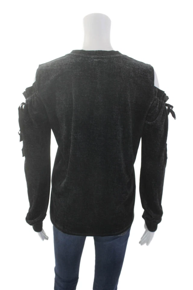 Top tejido manga larga gris con volantes con textura cuello redondo Drew para mujer talla XS Foto 3 de 4