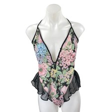 VTG Victoria's Secret Multicolor Floral Mesh Ruffle Lingerie Teddy Bodysuit Sz S