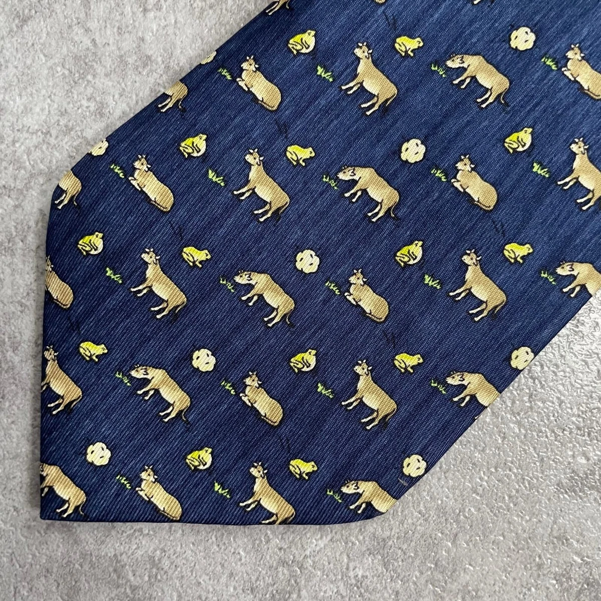 HERMES Cow Frog Animal Motif Silk Tie Navy Beige Made in France Mens Formal