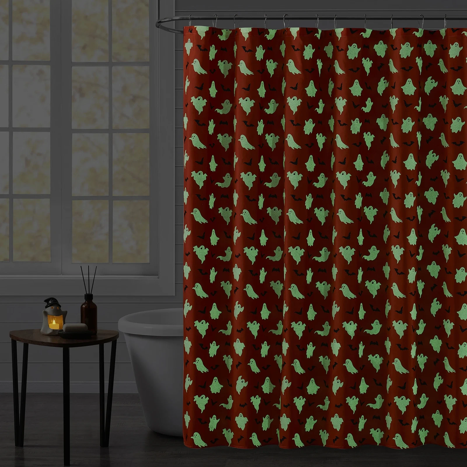 =Orange Ghostly Glow-In-The-Dark Shower Curtain, 72" X 72