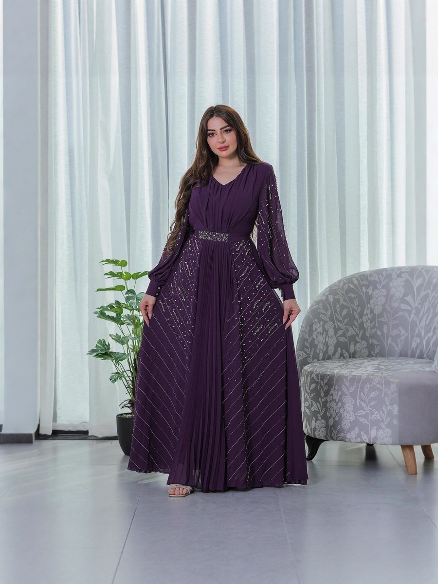 New Chiffon Long Dress Muslim Maxi Women Robe Abaya Party Rhinestone Gown  Arab
