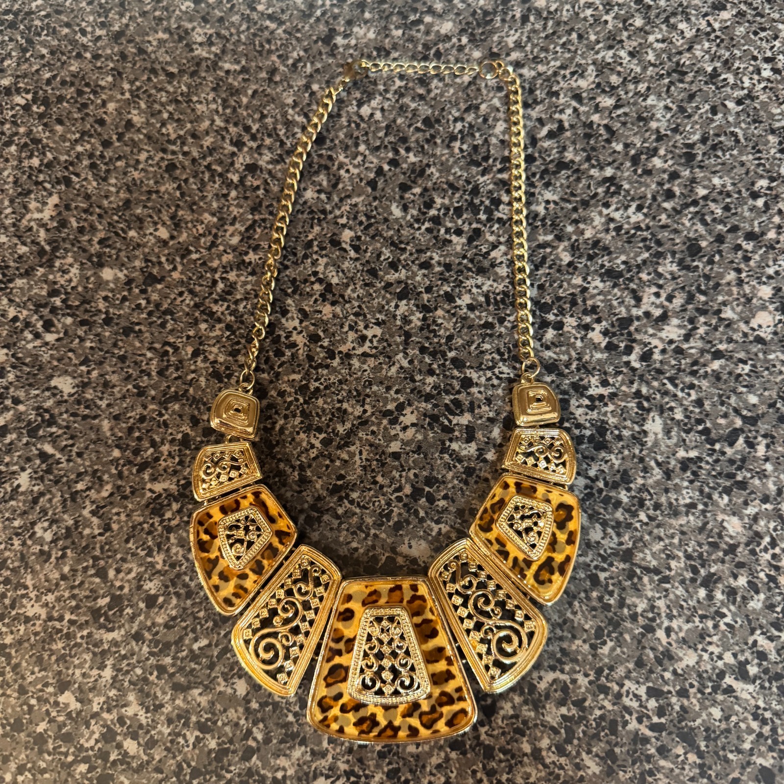 Vintage Leopard Print Statement Bib Necklace Gold… - image 7