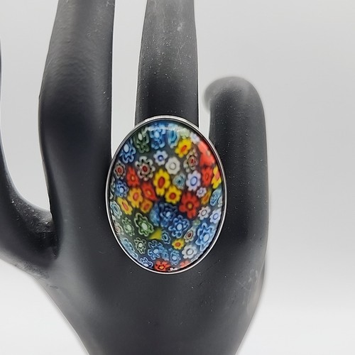 Multicolor Millefiori Murano Glass Stainless Steel Cocktail Ring Size 8, Italy - Picture 2 of 7