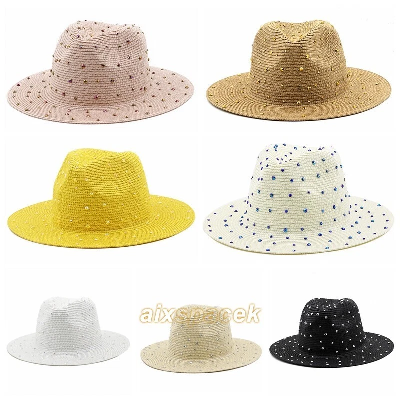 Women Straw Sunhat Rhinestone Jazz Hat Trilby Fedora Cap Wide Brim Beach New