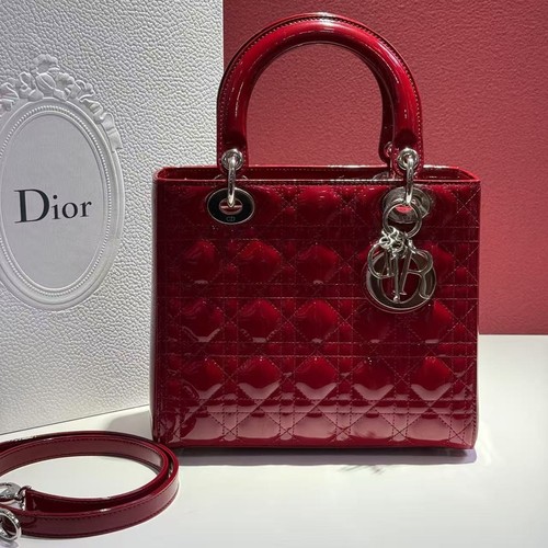 Dior Lady Dior 5 Gusset Red Patent Leather Cannage Top Handle Handbag