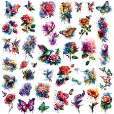 Watercolor Flower Butterfly Hummingbird 14 Sheets 3D Temporary Tattoos for Women