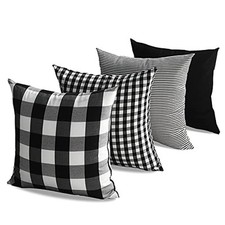 and White Buffalo Plaid Outdoor Throw Pillow Covers 18x18 18x18 Square Black