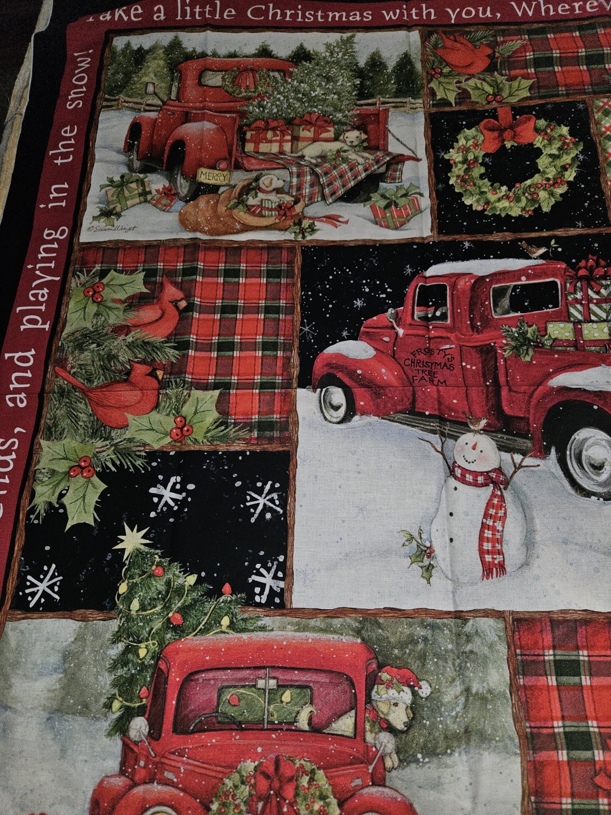 Susan Winget Red Truck Collage Christmas Fabric  Panel Cotton Fabric 44" X 36"