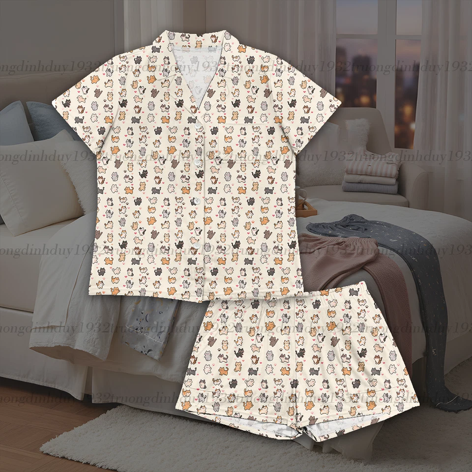 Conjunto de pijama casal gato, roupa de dormir de algodão macio, presente combinando para amante de animais de estimação - Imagem 3 de 4