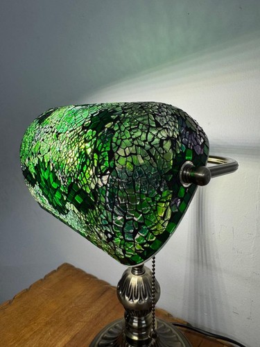 Green Marrakech Bankers Table Desk Lamp Handcrafted Lantern Light Mosaic Glass - Picture 4 of 9