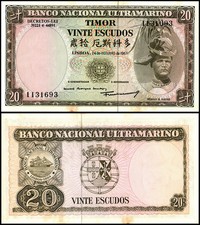 Timor 20 Escudos, 1967, P-26a.7, UNC, w/ Stains
