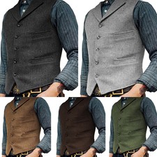 Coat Vest Waistcoat Jacket Tops Vintage Formal Tweed Herringbone Notch Lape  