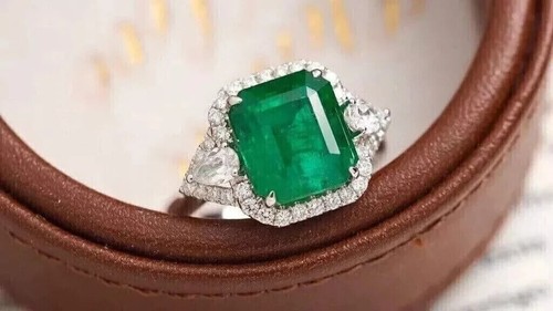 6.10 Ct Emerald Cut Natural Emerald & Diamond Wedding Ring 14K White Gold Sz ALL - Picture 2 of 7