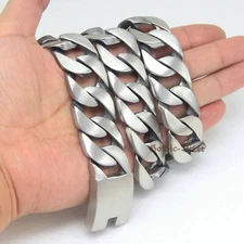 Heavy Men's Brushed Curb Cuban Chain Link Necklace Stainless Steel Bracelet 24mm