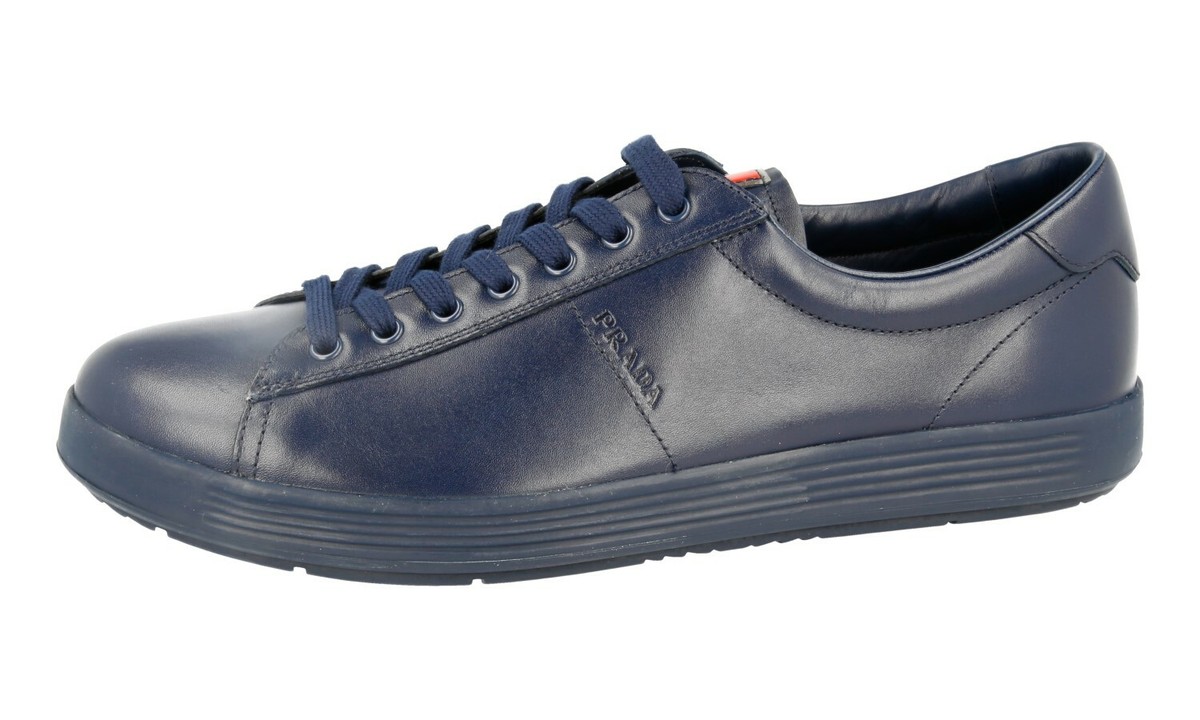【送料&関税込】Prada Navy Blue Leather Sneakers PRADA LINEA ROSSA SNEAKERS SHOES 4E2860 NAVY BLUE LEATHER US