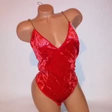 Just A Kiss Lingerie Teddy One Piece Bodysuit Medium Red Velvet Gold Chain Strap