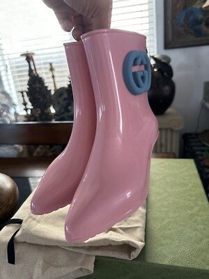 New Authentic Gucci Interlocking GG Logo Rubber Boots Pink
