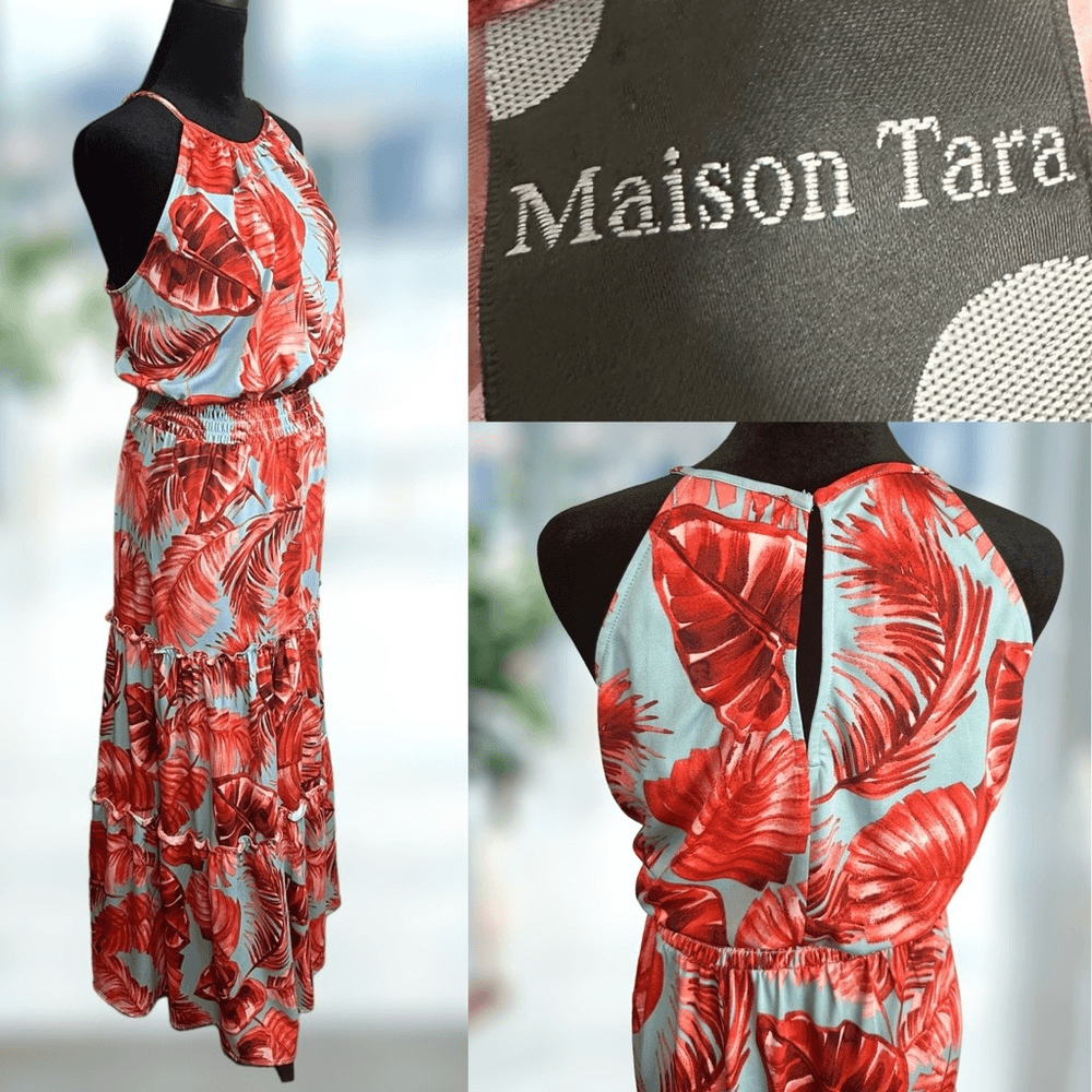 MAISON TARA Tropical Halter Tiered Max Dress Size 16