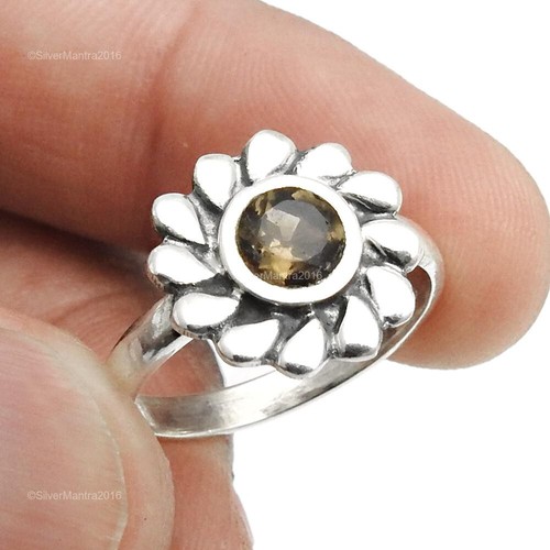 Root Chakra Smoky Quartz Stone Cocktail Flower Bezel Ring Jewelry 925 Silver - Picture 3 of 9