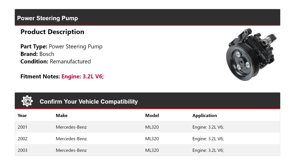 适用于 2001 - 2003 梅赛德斯 ML320 3.2L V6 博世动力转向泵 2002 — 第 2/4 张图片