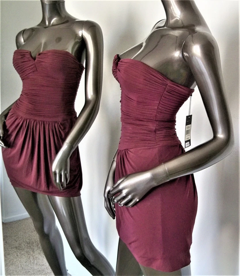 NUEVO CON ETIQUETAS-BCBG MAX AZRIA BORGOÑA PLISADO SIN TIRANTES BODYCON MINI VESTIDO TALLA-0 MSP $278 Foto 4 de 4