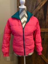Vtg 80s 90s Sno-down Neon Women's Zip Teal Ski Jacket Reversible Hot Pink