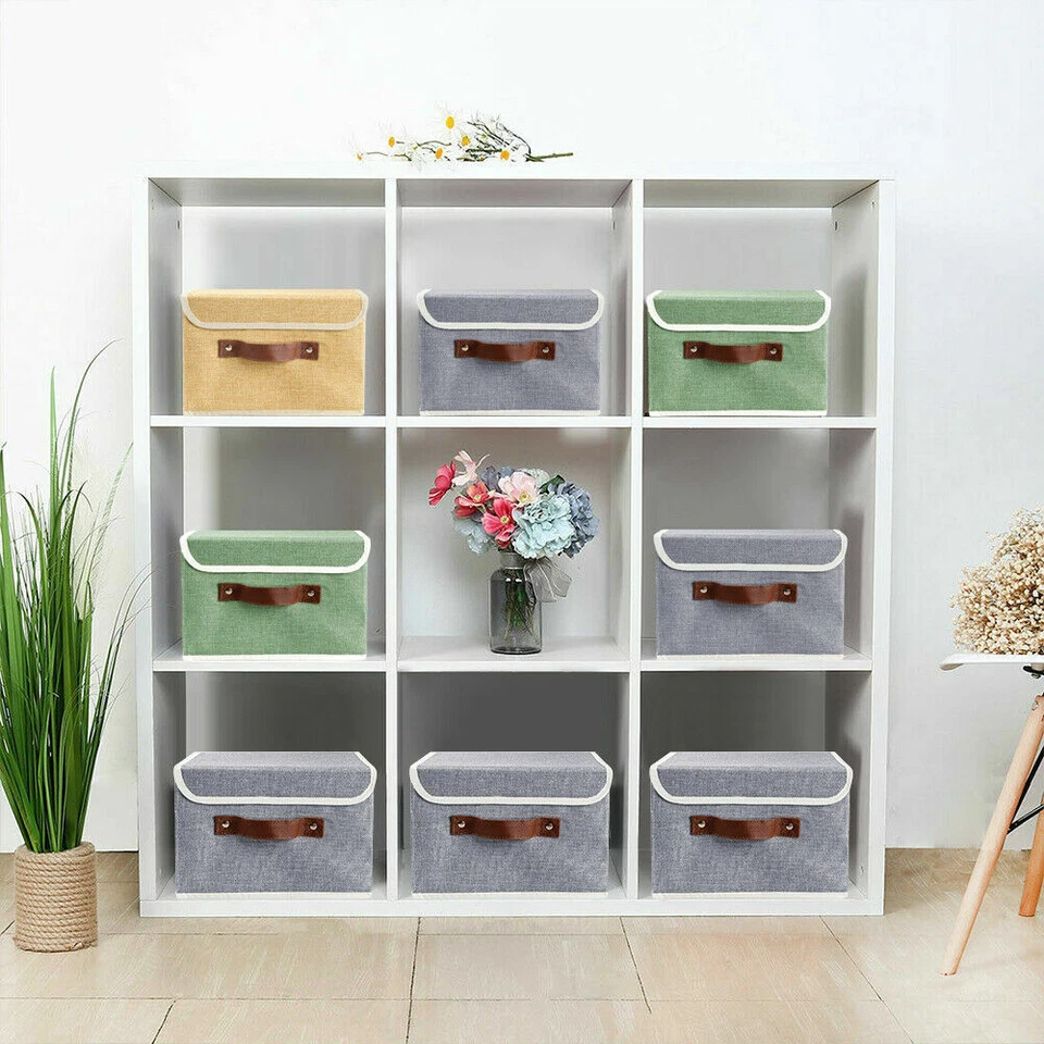 8Pc Collapsible Storage Box With Lid Linen Fabric Foldable Bins Organizer Basket - Image 3 of 4