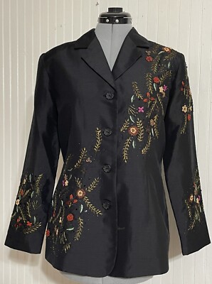 Ann Gerlin Womens Sz 8 Black Embroidered Flowers Jacket
