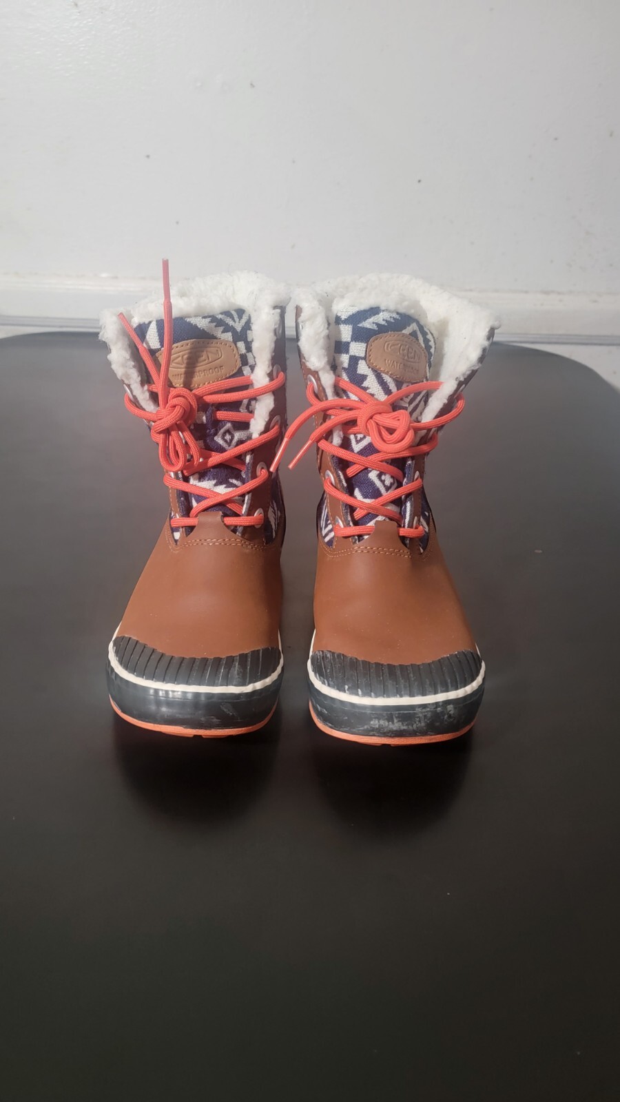 KEEN Stivali invernali in pelle marrone e tessuto blu con lacci Elsa Sherpa foderati 1013730 6