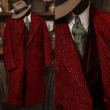Men Long Overcoat Herringbone Coats Tweed Wool Blend Peak Lapel Double Breasted