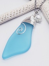 Cultured Sea Glass Necklace w/ X Large Aqua Blue Shard Pendant Wire Wrapped