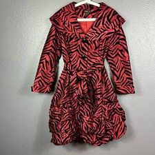 Jerry T Zebra Print Velvet Flocked Satin Belted Dress Coat Women's Small Red