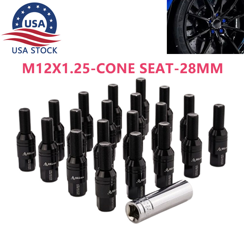 20PCS 28mm M12x1.25 Wheel Lug Bolts Cone Seat Studs Set for Jeep Chrysler Black