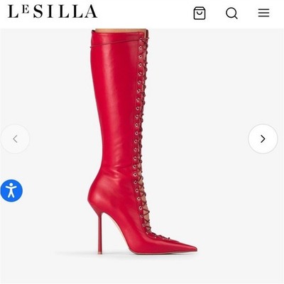 le silla colette boot red leather lace-up zipper knee high stiletto pointed toe
