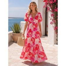 White Closet Elements Pink Floral Maxi Dress Short Puff Sleeve New L