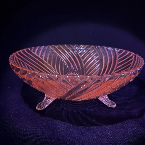 Vintage Anchor Hocking Selenium Glow Pink Depression Glass Three Footed Bowl 8”