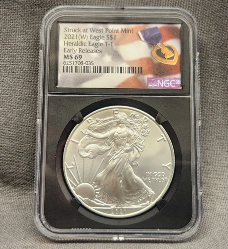 2021-W $1 Silver Eagle NGC MS70 Early Releases Heraldic Eagle T-1 – Purple Heart
