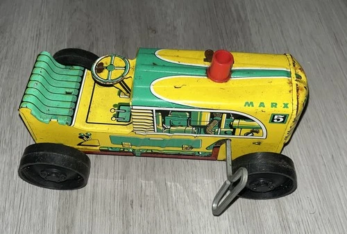 Vintage 1950's MARX Tin Litho Metal 8.5" Wind-Up #5 Yellow Farm Tractor Mfg.