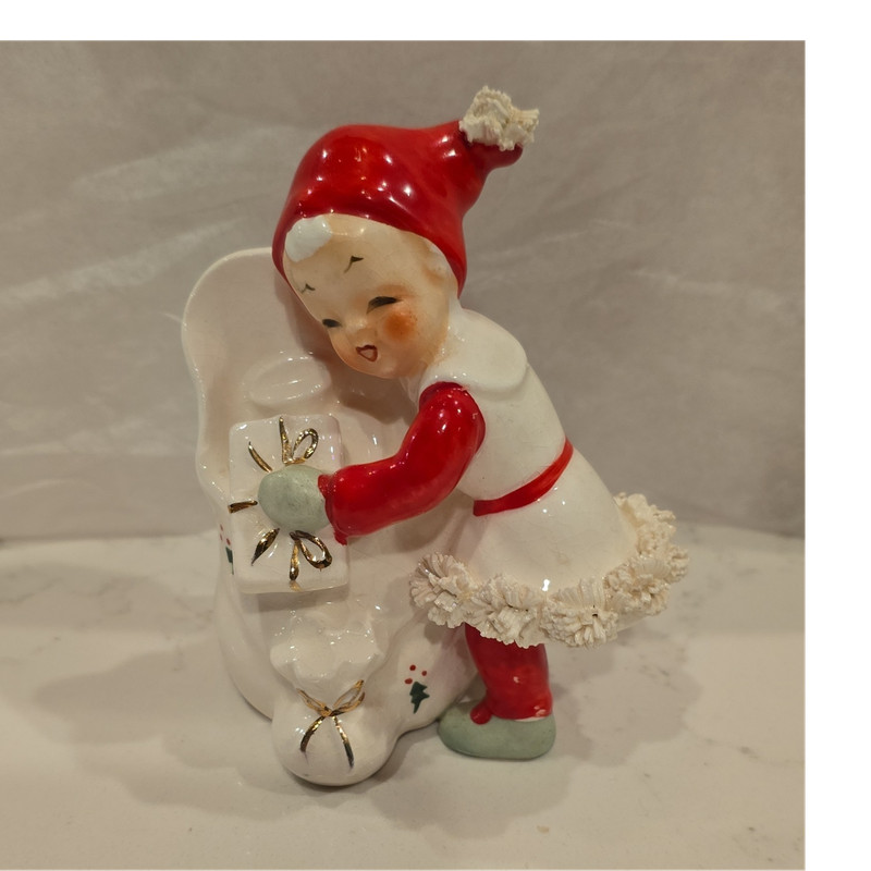 Vintage Napco Christmas Girl Figurine Santa Elf w/Spaghetti trim S9810