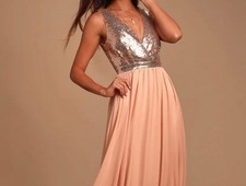 Lulus Dress Womens XS Elegant Encounter Maxi Blush Pink Champagne Sequin Gown