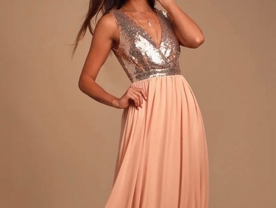 New Lulu's Rose Gold Formal Maxi Dress Sz XS Bridesmaid HOCO Sequins Sheer Lined
