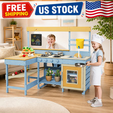 Outdoor Wood Mud Kitchen for Kids with Picnic Table 2-in-1 Wooden Child Play Kit