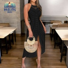 WOMEN'S BLACK SUMMER HALTER DRESS HOLLOW OUT A LINE VACATION DRESS 
