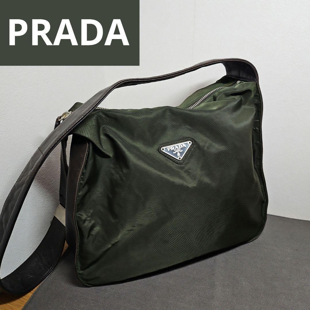 PRADA Nylon Leather Shoulder Bag Unisex Green Compact Authentic Rare