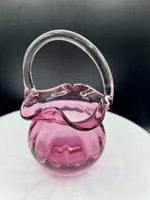 Vintage Fenton art glass paneled melon cranberry basket applied crystal handle