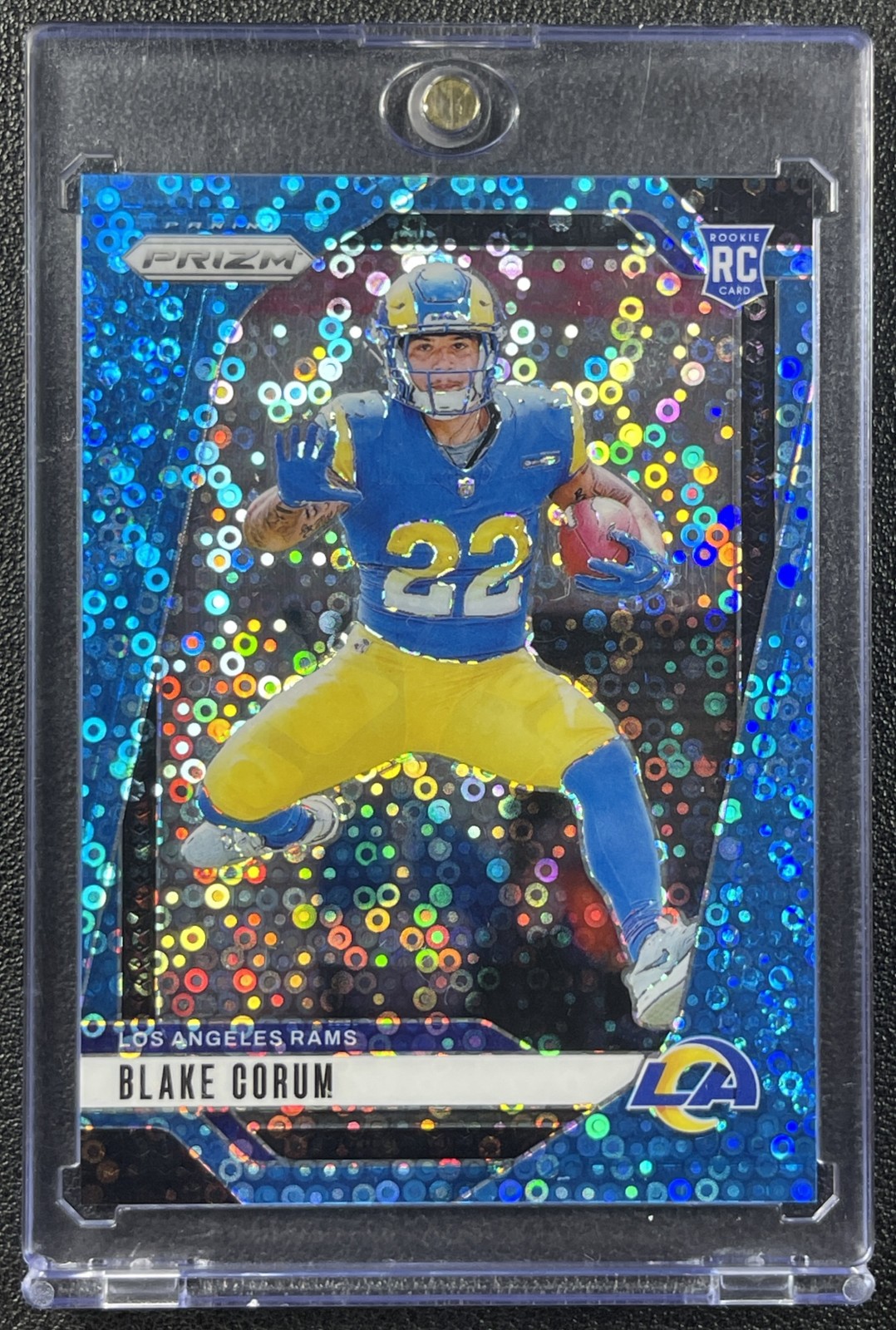 BLAKE CORUM 2024 PANINI PRIZM #308 ROOKIE NO HUDDLE BLUE RC 44/99 RAMS